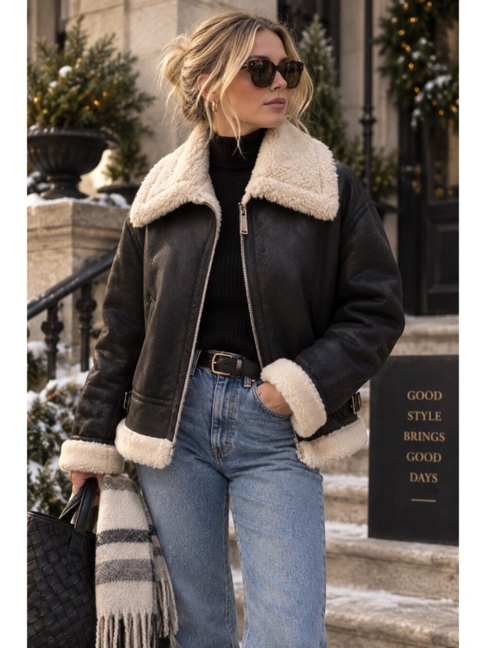 Jason Wu Women L Black Faux Shearling Aviator Jacket Sherpa Lined Moto Coat